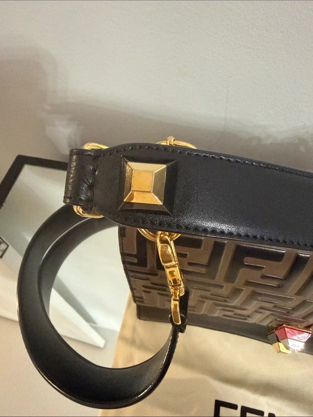 Fendi Brown & Black FF Motif Leather Shoulder Bag and crossbody with Red Accent